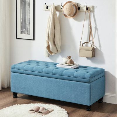 Banc de rangement boutonné en lin avec revêtement bleu et tissu de fabrication en bois massif revêtu de pieds sécurisés