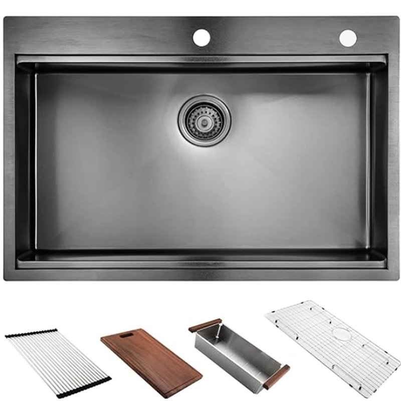 Évier de cuisine 30 po x 22 po - Acier inoxydable noir, calibre 16, hygiénique