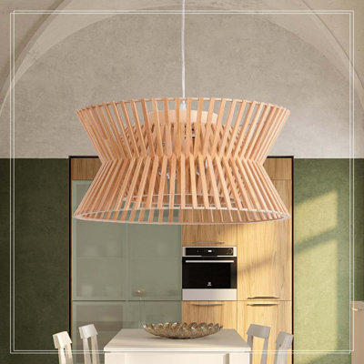 Wooden Color Chandelier, 17.7" Pendant Light Fixture with Boho Wicker Shade, 3-Light Wood Farmhouse Ceiling Light for Living Room, Bedroom, Kitchen Island