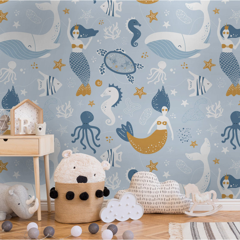 Papier peint amovible Kids Mermaid Underwater Ocean Life, L 35,04 po x l 55 po
