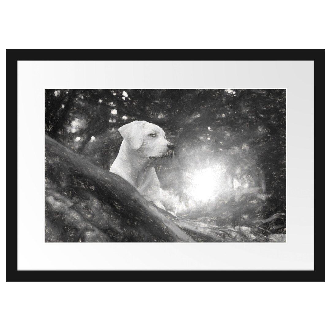 Gerahmtes Papierbild Labrador Welpe im Wald