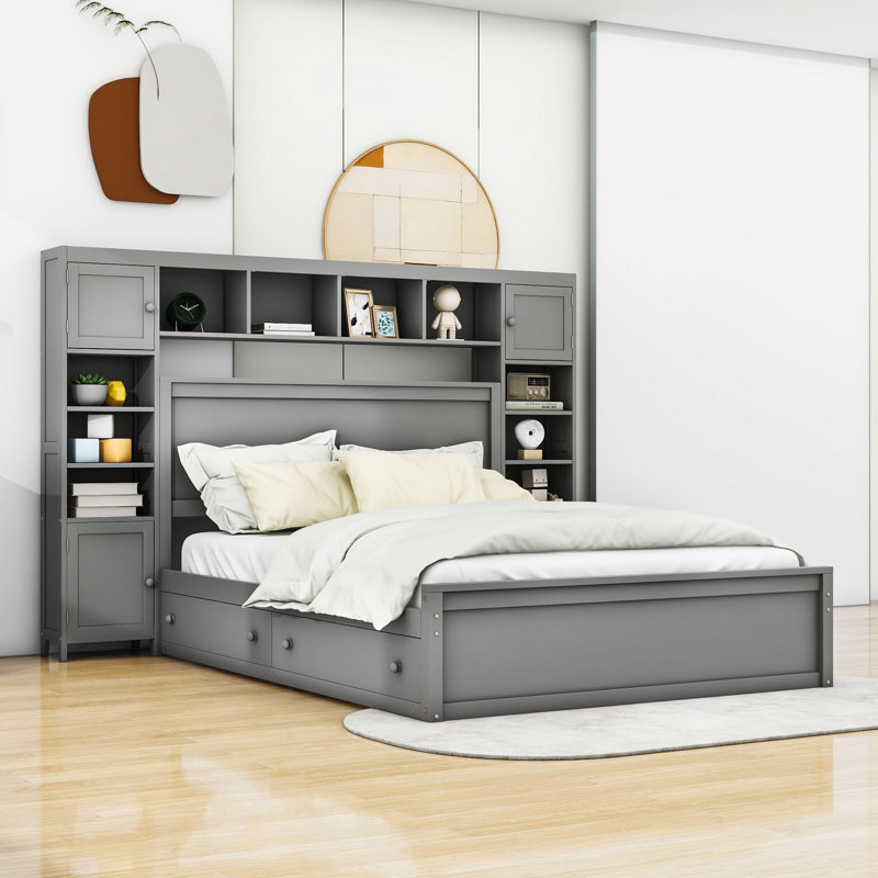 Vytis Queen Size Wooden Platform Bed With 4 Drawers and Headboard, Gray