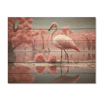 Elegant Pink Flamingo Paradise I - Flamingo Wood Wall Art On Natural Pine Wood