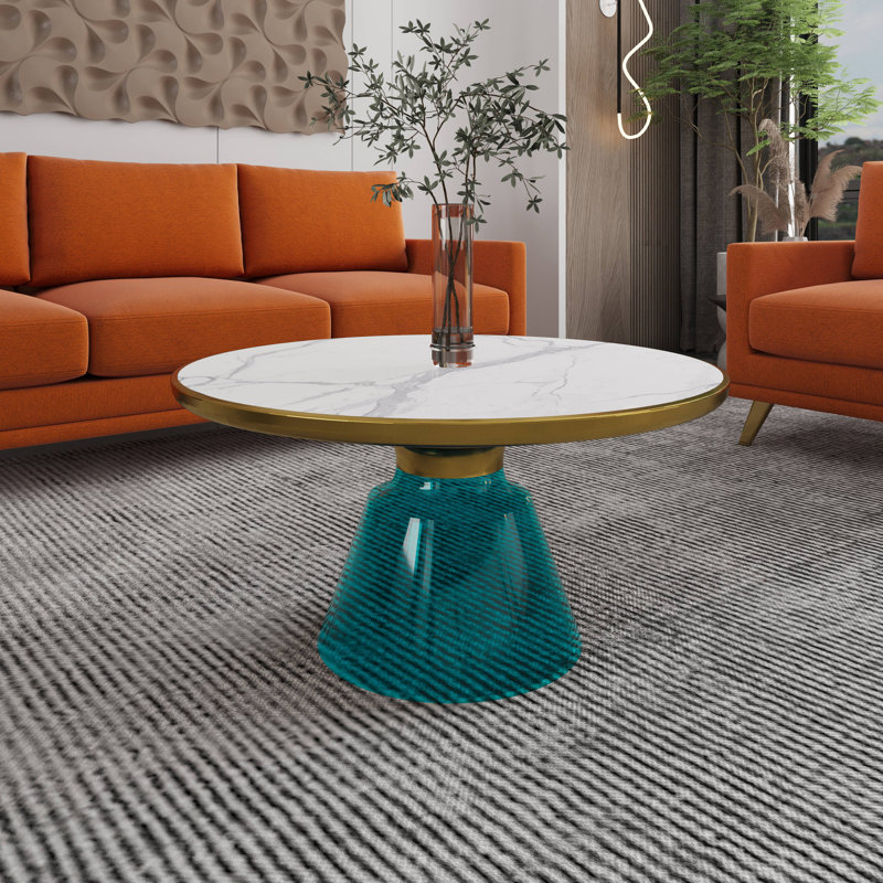 30" Round Coffee Table Glass/Sintered Stone Top With Brushed Rim And Tempered Glass Base, Blue, White Stone