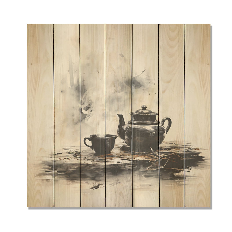 Service à thé noir et blanc «Potteries III» - poterie bohème sur bois, H 25 po x l 25 po