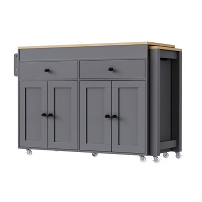 74.5 Inch Kitchen Island With Extendable Dining Table , Rolling Kitchen Island On Wheels With Spice Rack And 2 Drawers,  Kitchen Storage Cart With 4 Door Cabinet, For Kitchen, Dining Room, Grey