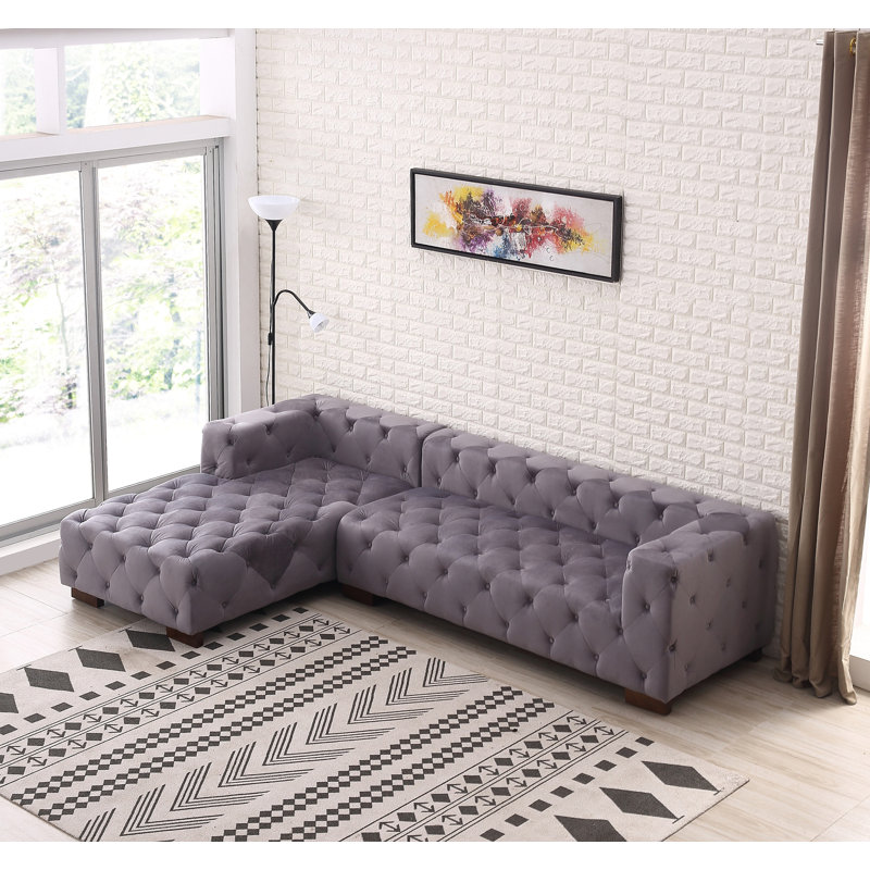 Velvet L-Shaped Sectional, Gray Velvet, Left Hand Facing