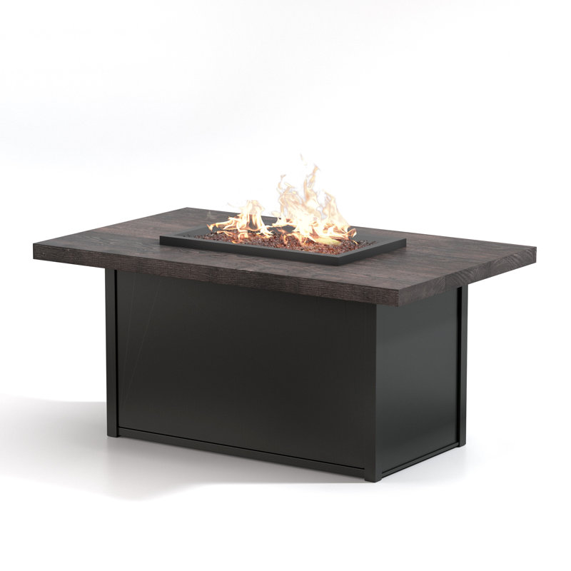 Table de foyer d'extérieur Timber, H 24,5 po x l 32 po x P 52 po, Carbone, bois flotté, verre bronze industriel
