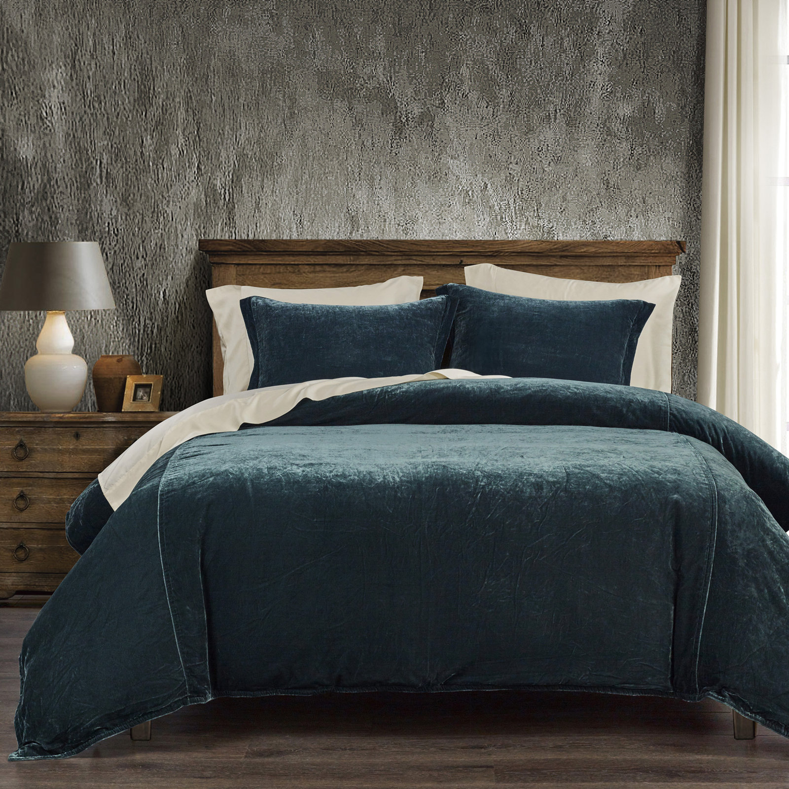Stella Faux Silk Velvet Classic Chic Modern Rustic Romantic Western Duvet Cover Set, Queen Duvet Cover + 2 Standard Shams
