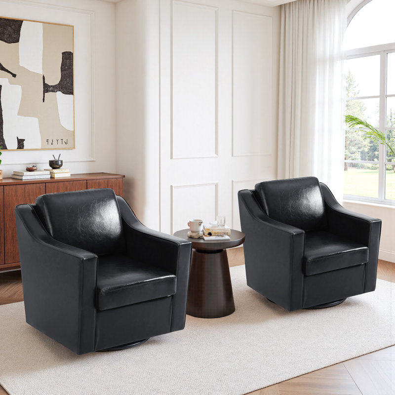 Bronnen Big And Wide Upholstered Faux Leather Cushion Swivel Armchair with Removable Back and Seat Cushion, Black