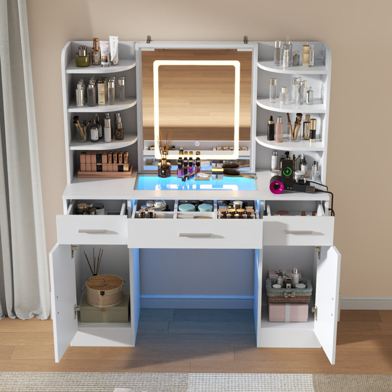 Bureau de coiffeuse avec miroir lumineux et prise de courant, coiffeuse avec 3 tiroirs, 6 tablettes et 2 armoires, coiffeuse de table en verre trempé avec lumières DEL pour la chambre à coucher, blanc