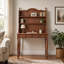 Bureau Marcell en bois d'hévéa de style Mid-Century avec tablette, deux tiroirs et étagères de rangement-134707169