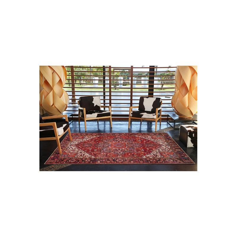 Tapis décoratif tissé traditionnel rouge et blanc lavable à la machine, Sous-tapis carré 3 pi 3 po inclus