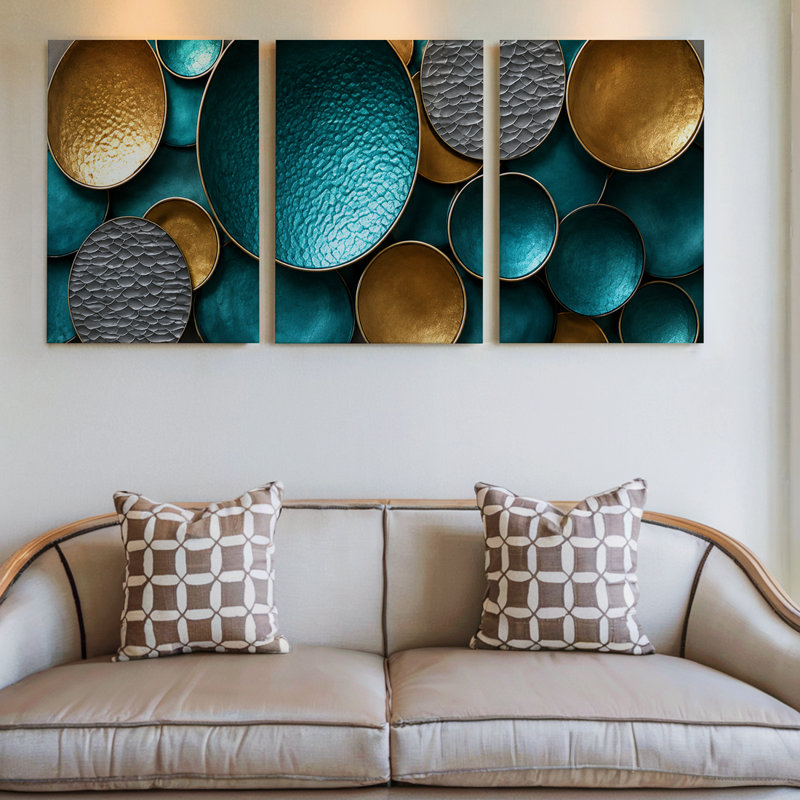 Ensemble exclusif de 3 toiles panoramiques abstraites grand format, aux tons turquoise et or, avec des ovales argentés texturés. Décoration murale idéale pour le salon, la chambre à coucher et le bureau.