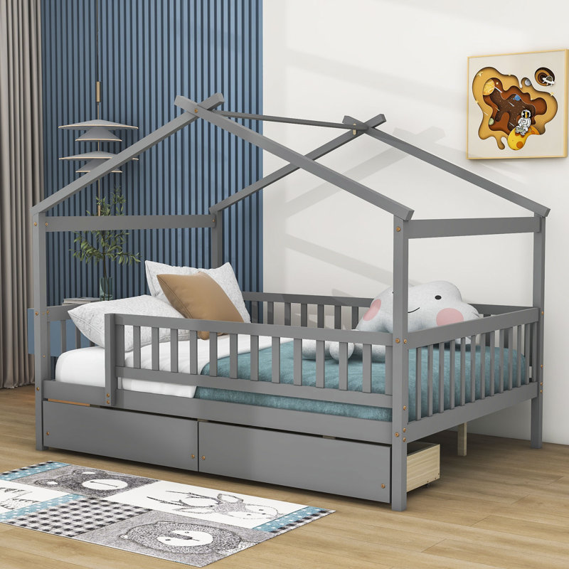 Lit en bois en forme de maison, gris, Double