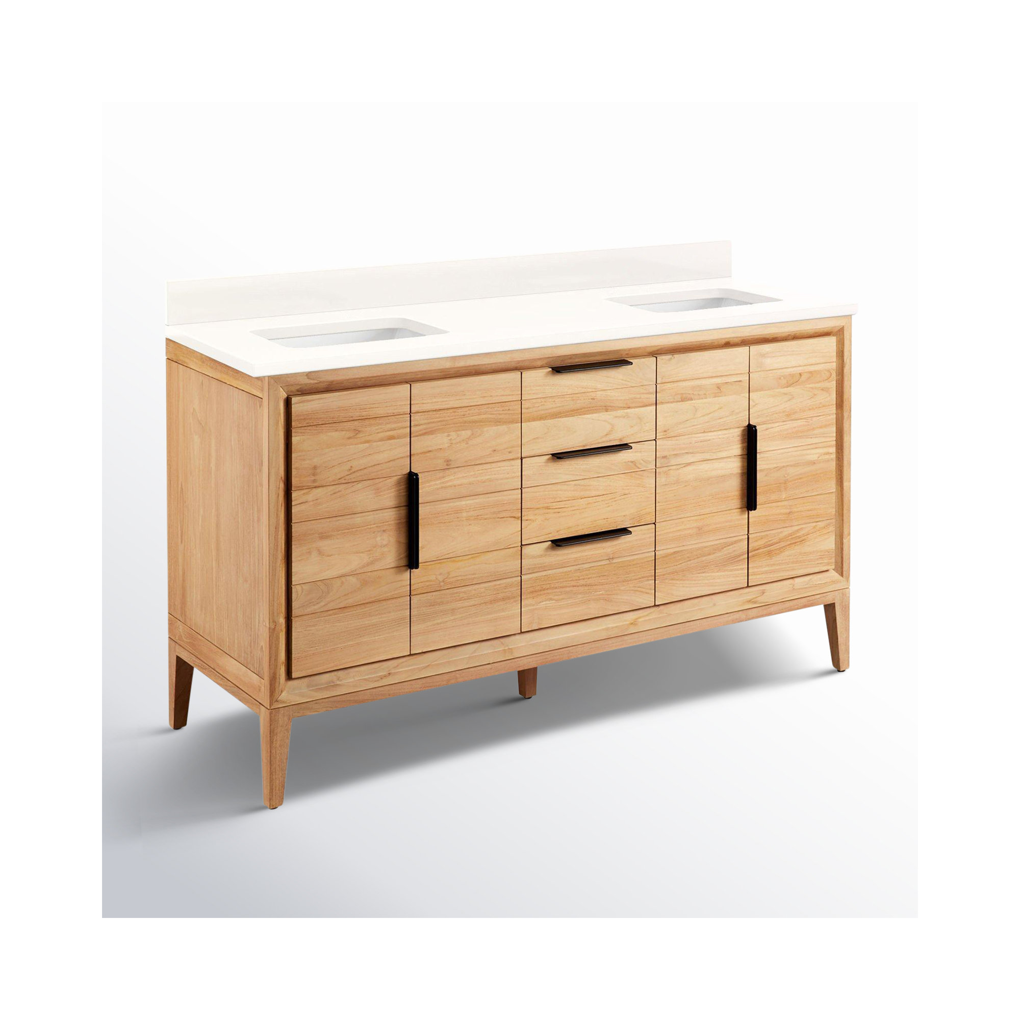Aliso 60" Double Bathroom Vanity, No Faucet Hole, Natural Teak, Arctic White Quartz