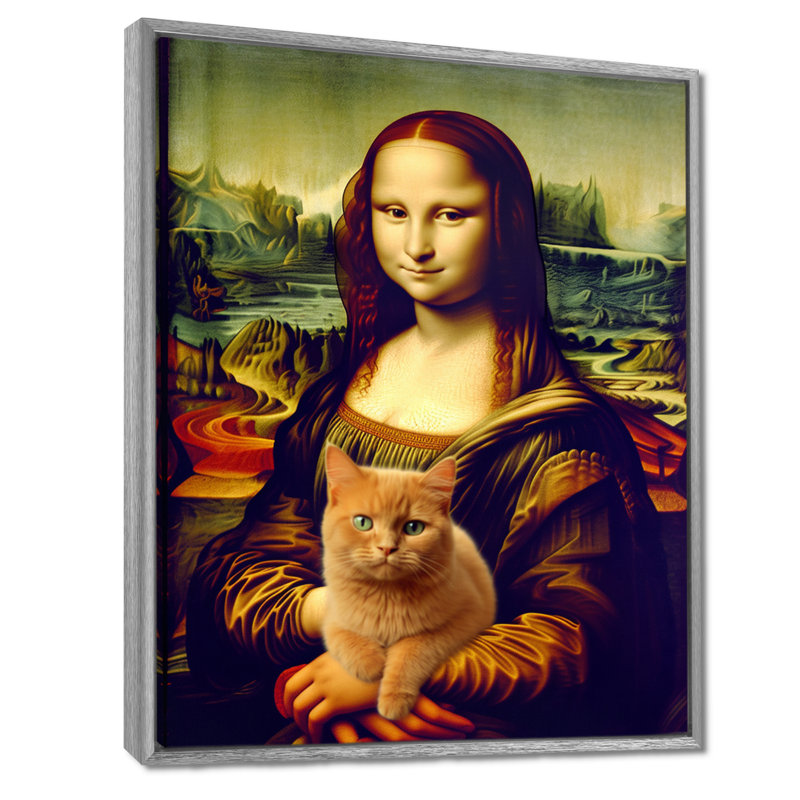 Mona Lisa avec chat brun - chat, art mural, salon, Toile avec cadre argenté, H 40 po x l 30 po x P 1,5 po