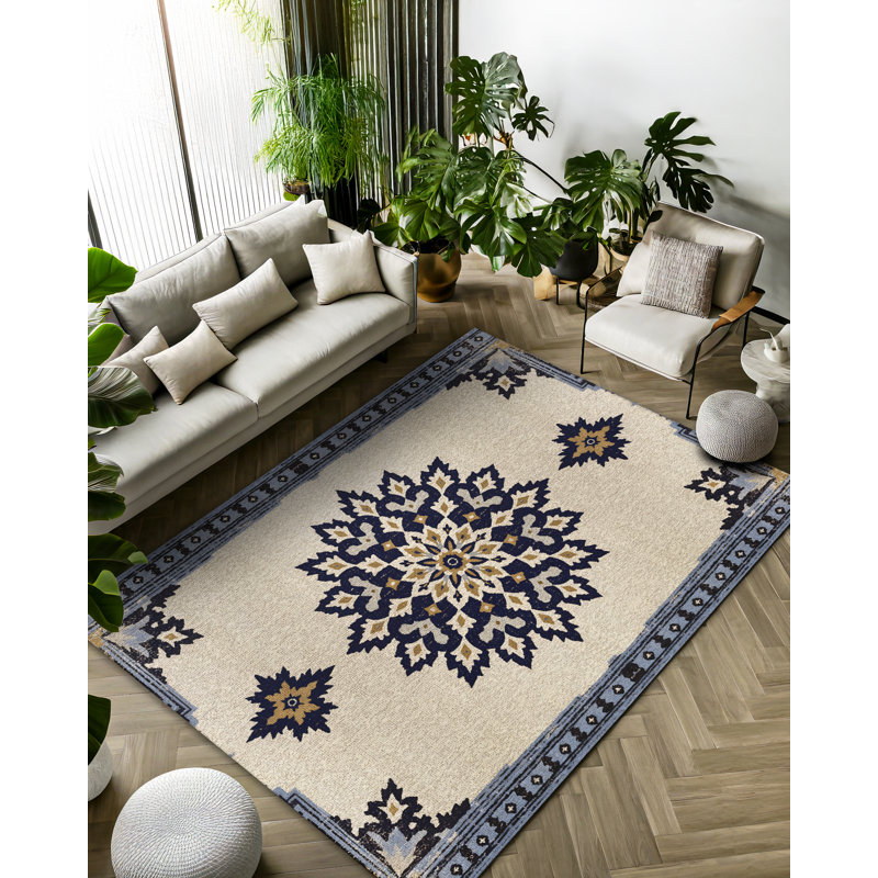 Palmyra Collection Digital Print Cotton-Polyester Navy Floral Rug, Runner 3'4" x 10'6"