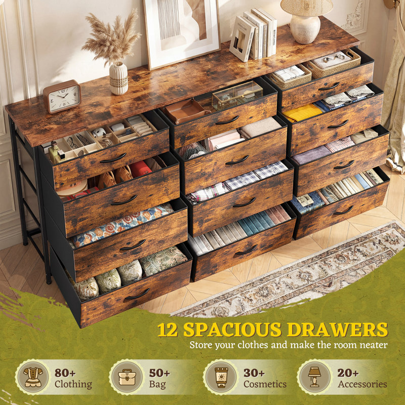 55" Wide Storage Dresser With 12 Fabric Drawers, Sturdy Metal Frame Tv Stand For Bedroom & Living Room, Brown