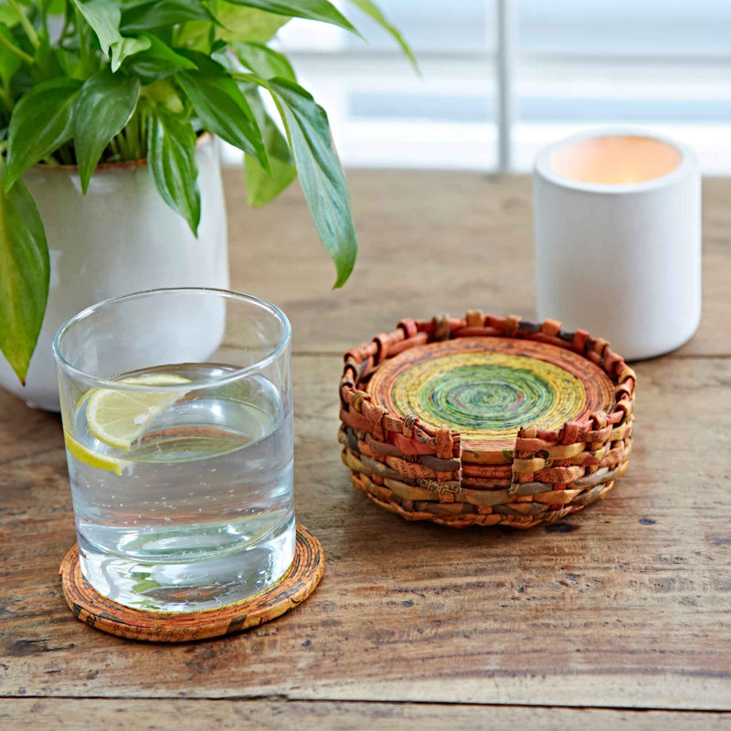 6 Recycled Newspaper Coasters, Orange/Yellow/Green