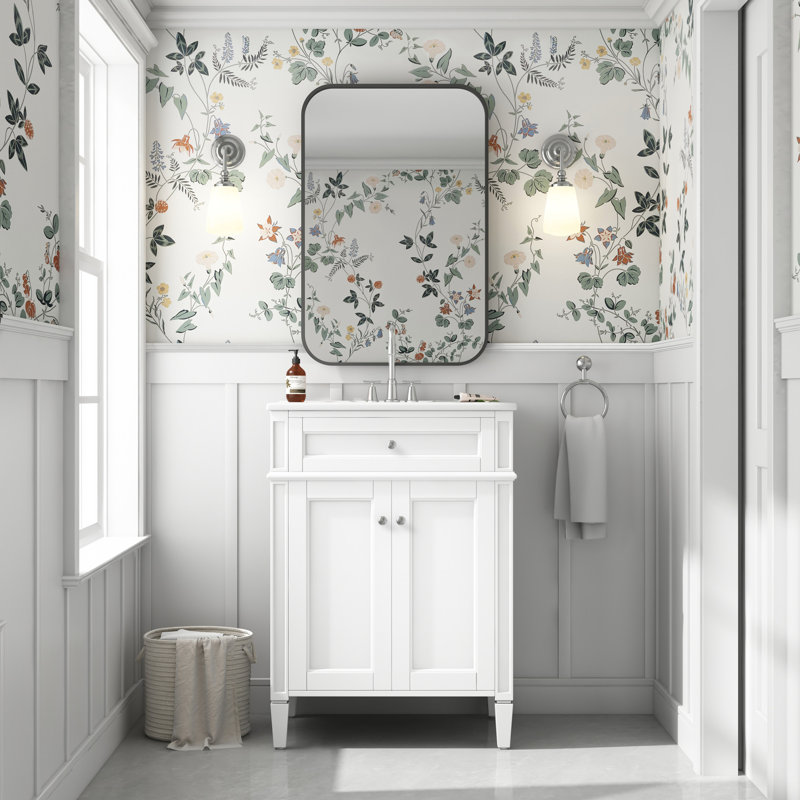 Meuble-lavabo de 24 po avec lavabo, tiroir intelligent, charnières à fermeture en douceur et apparence élégante pour meuble-lavabo de petite taille, couleur principale blanche, rangement à deux portes, rangement pratique