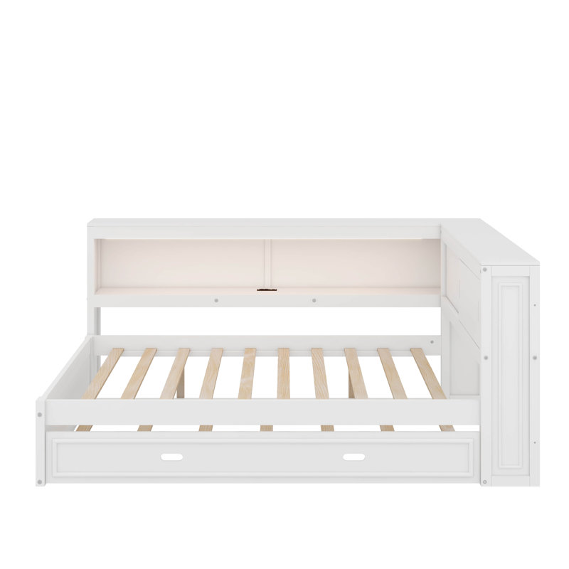 Full Size Wood Daybed With Shelves, LED And Trundle, White