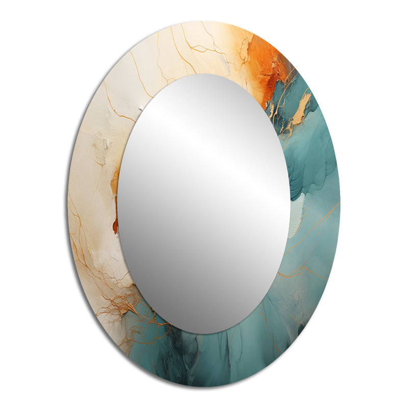 Teal Orange Bold Energy V - Abstract Oval Decorative Mirror On Metal, 40" x 30"