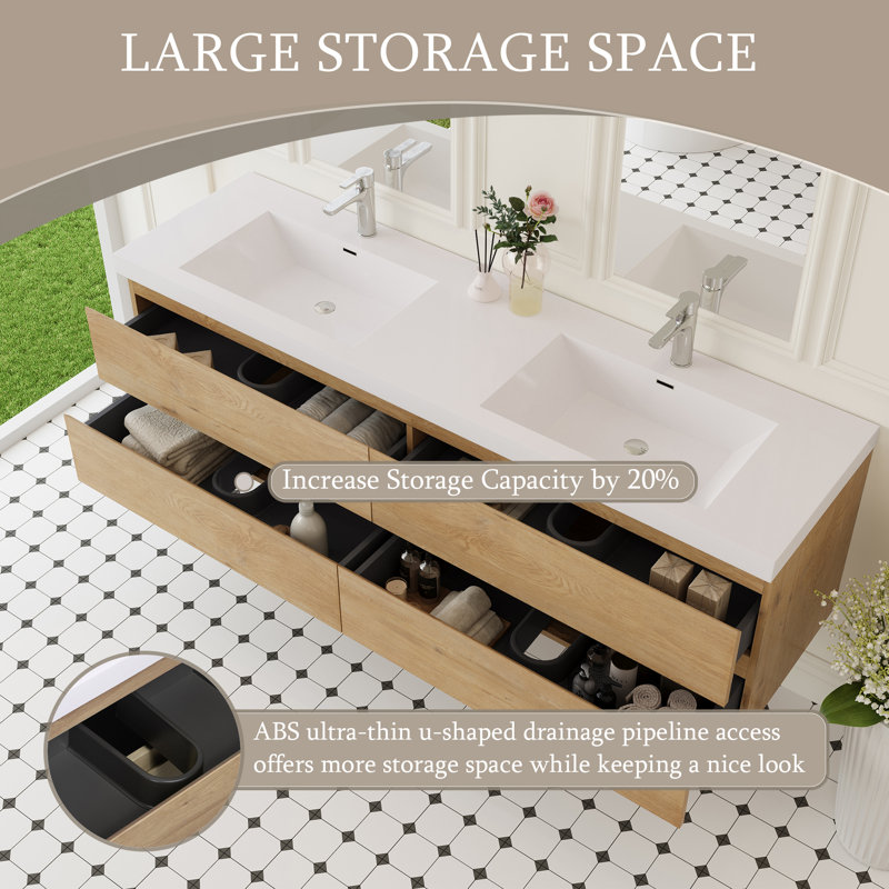 Grand meuble-lavabo 72 po avec lavabo, armoire flottante murale avec double évier à surface solide, 4 tiroirs à fermeture en douceur, pré-assemblé, chêne naturel