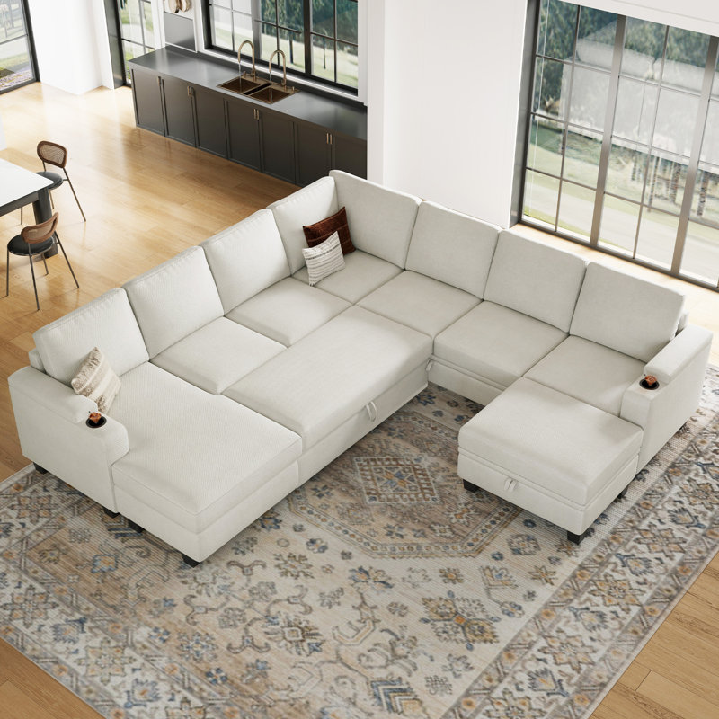 Januelle Bujesily Chenille U Shaped Couch Large Pull Out Sleeper With Chaise Sectional Sofa Modular Couch With Storage Ottoman Storage Seat