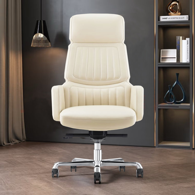Genuine Leather Office Desk Chair With High Back Aluminum Swivel Base Ergonomic Synchro-Tilt Reclining Mechanism Real Leather Executive Chair