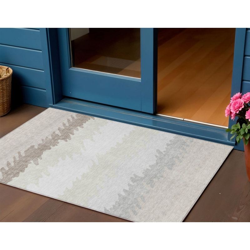 3' X 5' Ivory Beige And Taupe Striped Washable Indoor Outdoor Area Rug