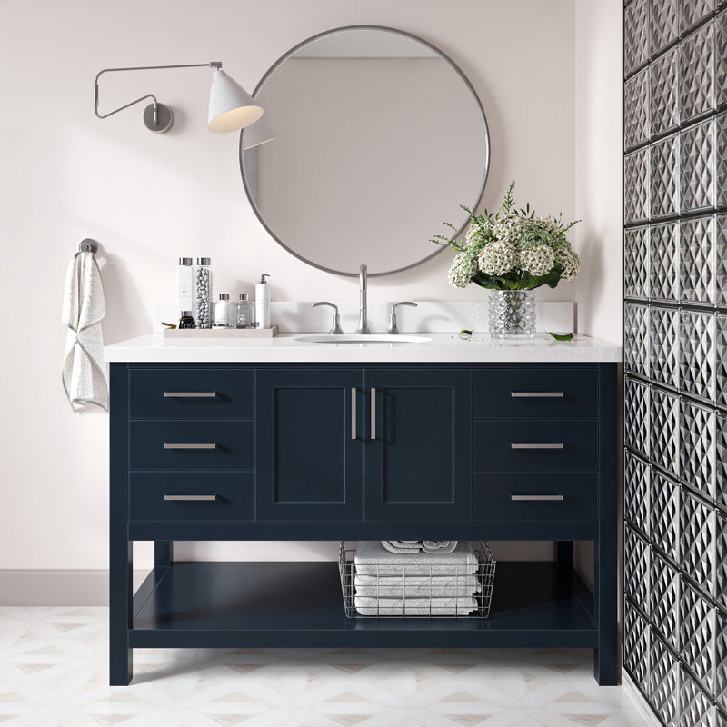Meuble-lavabo simple 55 po Moille Laveda avec comptoir en quartz blanc pur 1,5 po et lavabo ovale, Oval, Bleu minuit
