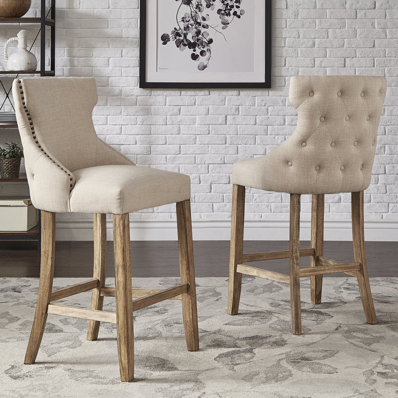 Tabouret de bar et de comptoir en bois massif Jabiel, Lin gris, Tabouret de bar (siège d'une hauteur de 30,5 po), Naturel