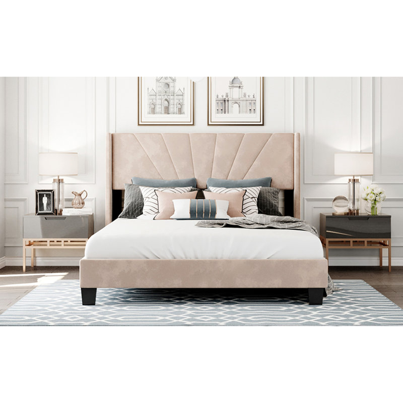 Velvet Upholstered Platform Bed, Box Spring Needed