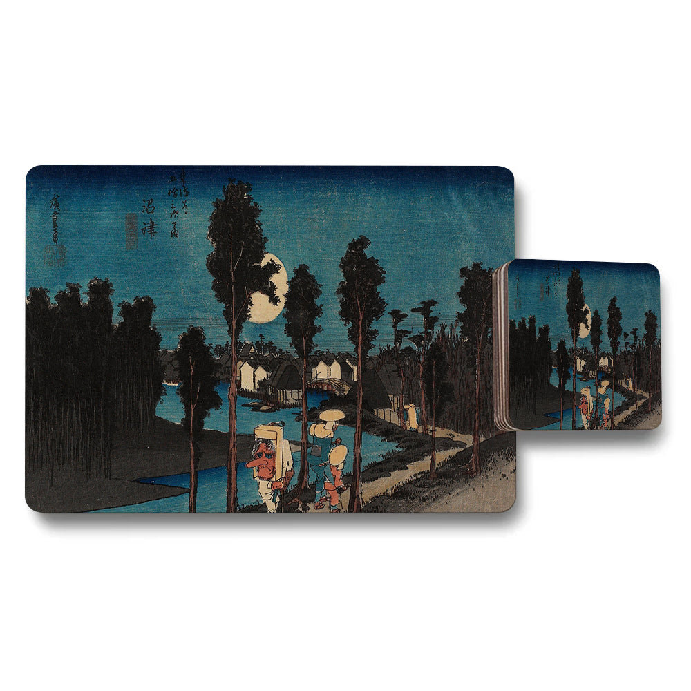 Moonlit Japanese Landscape Ukiyoe Placemat And Coaster Set