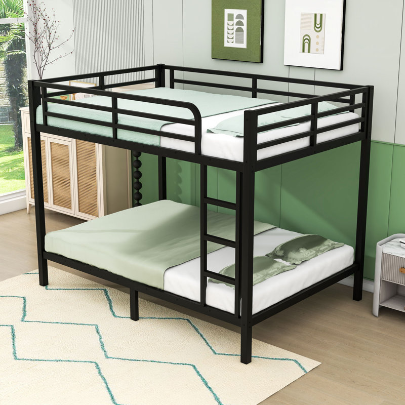Full XL Over Full XL Metal Bunk Bed With Guardrails And Ladder, Black, Full XL Over Full XL
