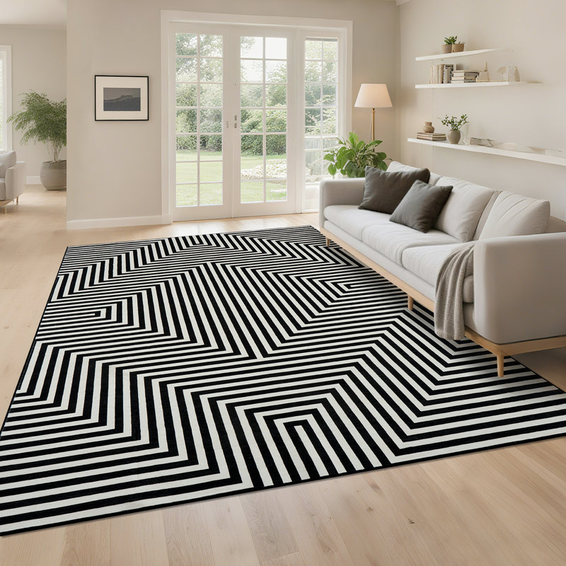Modern Rug for Living Room Non-Slip Striped Accent Rug, Stain-Resistant Ultra-Thin Bedroom Carpet, Soft Low Pile Indoor Floor Mat for Kids Room, Nursery, Home Office