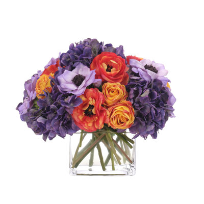 Hydrangea Ranunculus, Purple Orange, Glass Cube, 13wx13dx11h