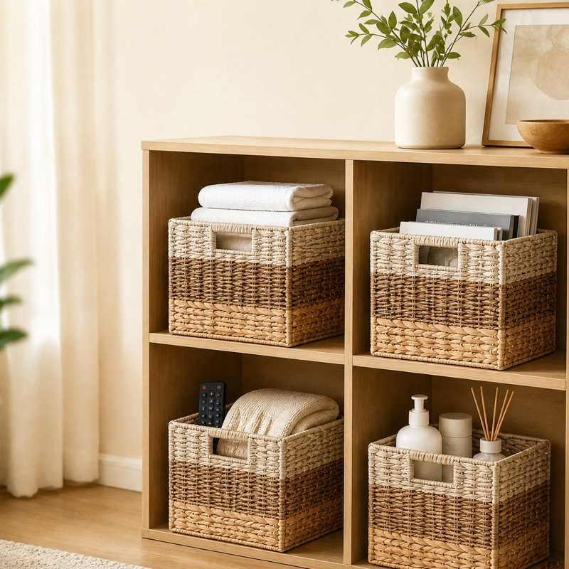 Paquet de 4 paniers de rangement en osier avec 3 motifs, bacs de rangement en rotin tissé avec poignées, paniers à cubes pour tablettes