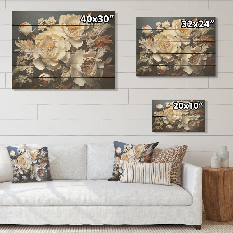 Peonies Unveiled Blooms I - Peonies Wood Art On Natural Pine Wood, 10" H x 20" W