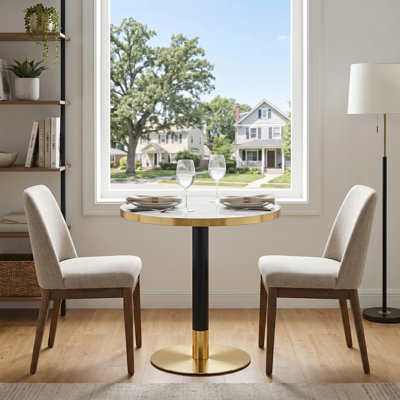 Modern Small Dining Table, 23.6" Round Dining Table With Gold Stainless Steel Edge, Sturdy Metal Base, Space-Saving Kitchen Table For Apartment, Breakfast Nook & Dining Area