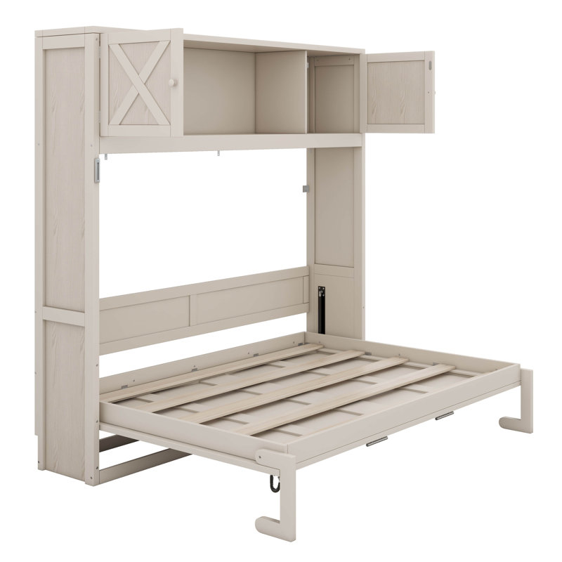 Lit escamotable horizontal avec armoires de rangement, cadre de lit mural pliable, lit escamotable en bois