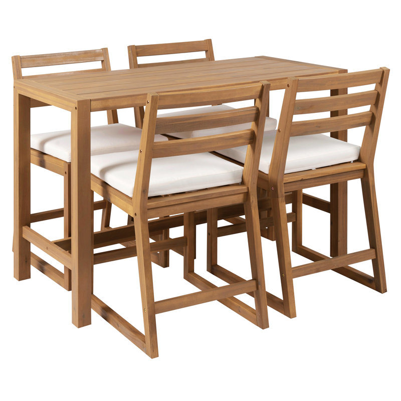 5-Piece Rustic Patio Bar Set, Patio Table and Chairs Set with Ergonomic Chairs, Solid Wood Slatted Tabletop, Light Teak