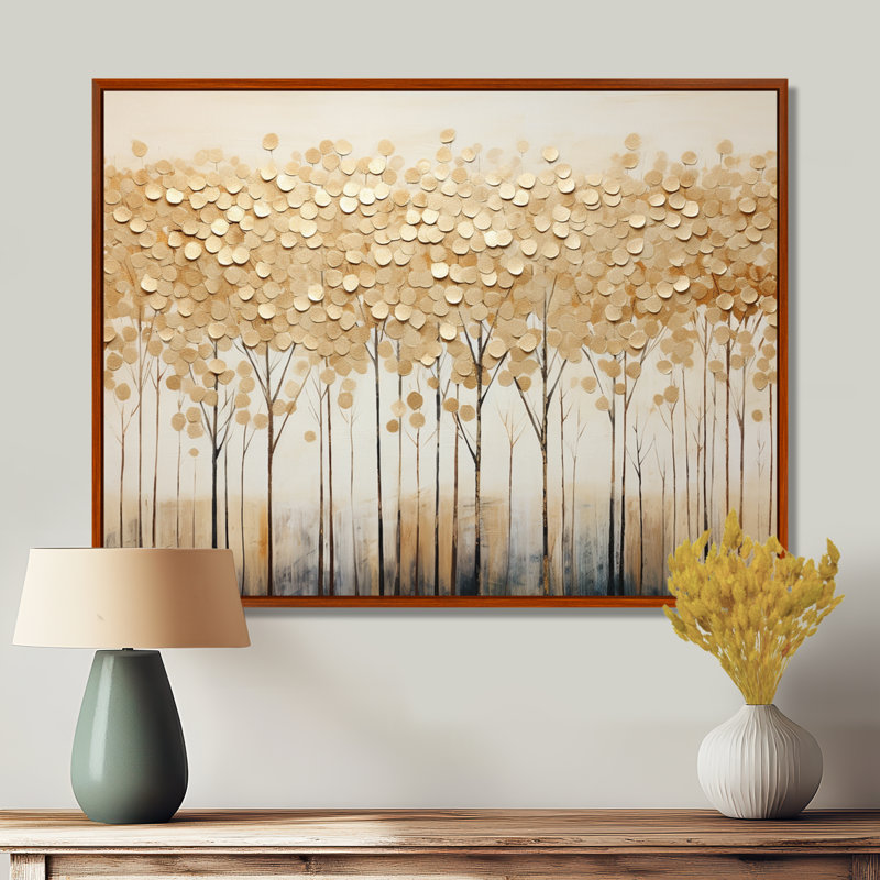 Minimalisme Golden Trees Harmony sur toile, H 34 po x l 44 po x P 1,5 po, Brown Floater Framed