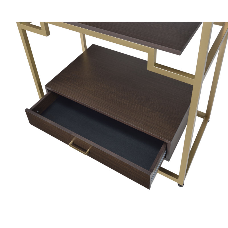 Gold and Espresso Glass Executive Desk with Drawers