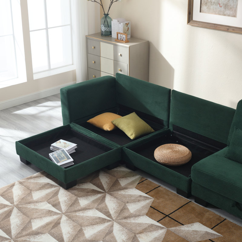 L-shaped sofa with adjustable storage, Green