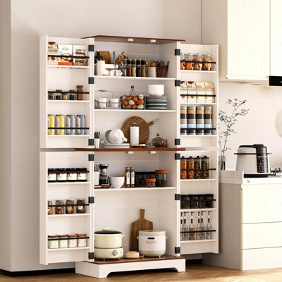 75" Tall Farmhouse Kitchen Pantry Cabinet Rustic Wood Cupboard with Adjustable Shelves & Barn Style Door Shelves Versatile Storage Cabinet for Kitchen, Living Room, Dining Room (White)