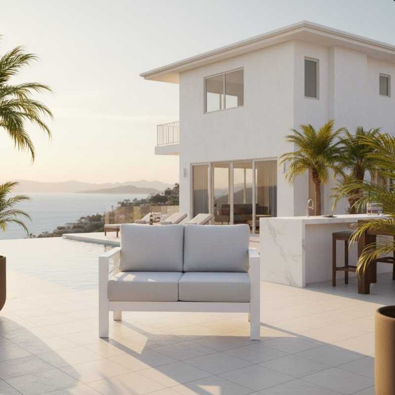 Causeuse de patio en aluminium toutes saisons de 50 po avec coussins gris clair épais et structure blanche