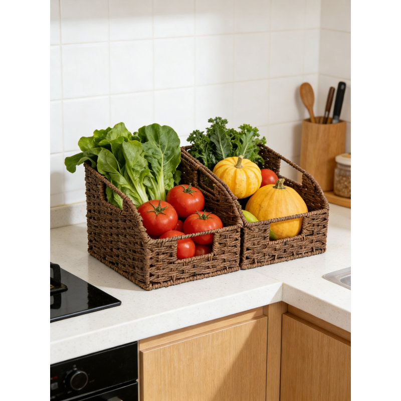 2-Pack Round Paper Rope Storage Baskets, Wicker Pantry Organizers For Shelves & Kitchen Counter, Brown, Dark Brown
