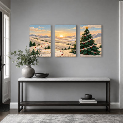 Arbre tricoté vert dans une montagne enneigée - Ensemble de 3 toiles murales de Noël